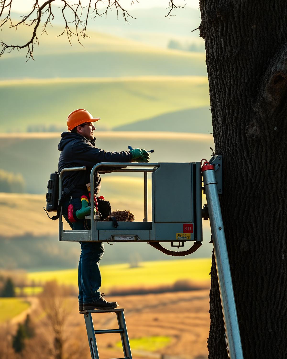 Jörg Jattke bei Baumpflegearbeiten mit Hubsteiger im Vogtland